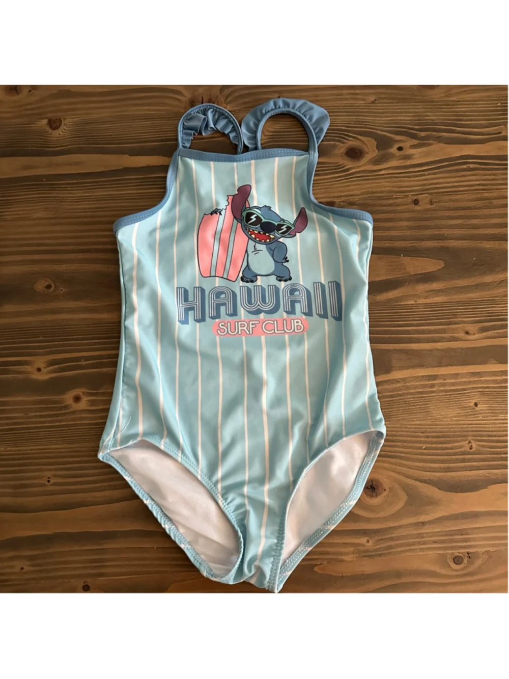 Disney Stitch Swimsuit Girls 6X Blue Striped Hawaii Surf Club One Piece